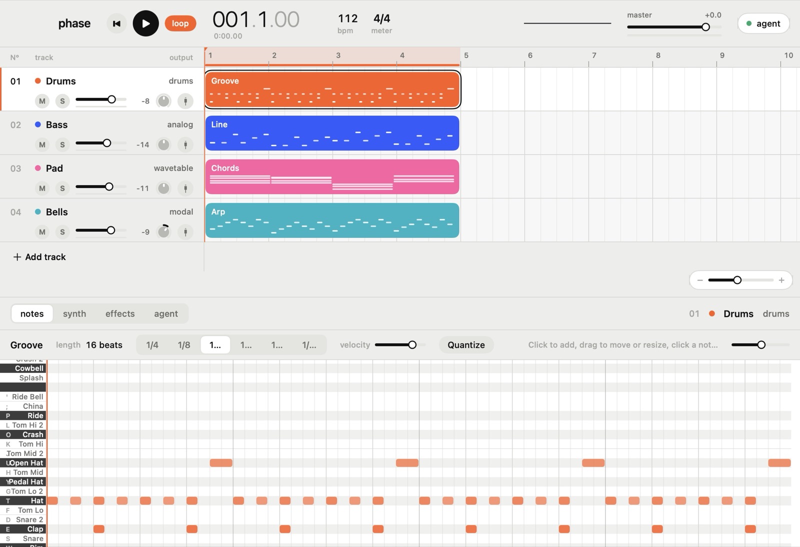 Phase showing four tracks on the arrangement timeline and a drum pattern in the piano roll