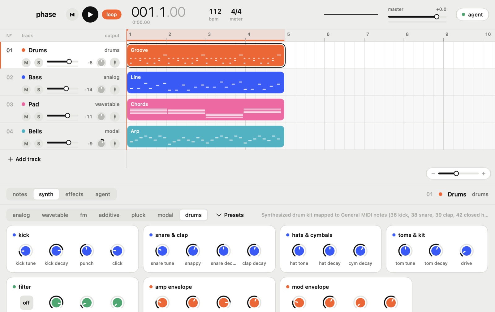 The synth editor with encoders grouped into kick, snare, hats, filter and envelope sections